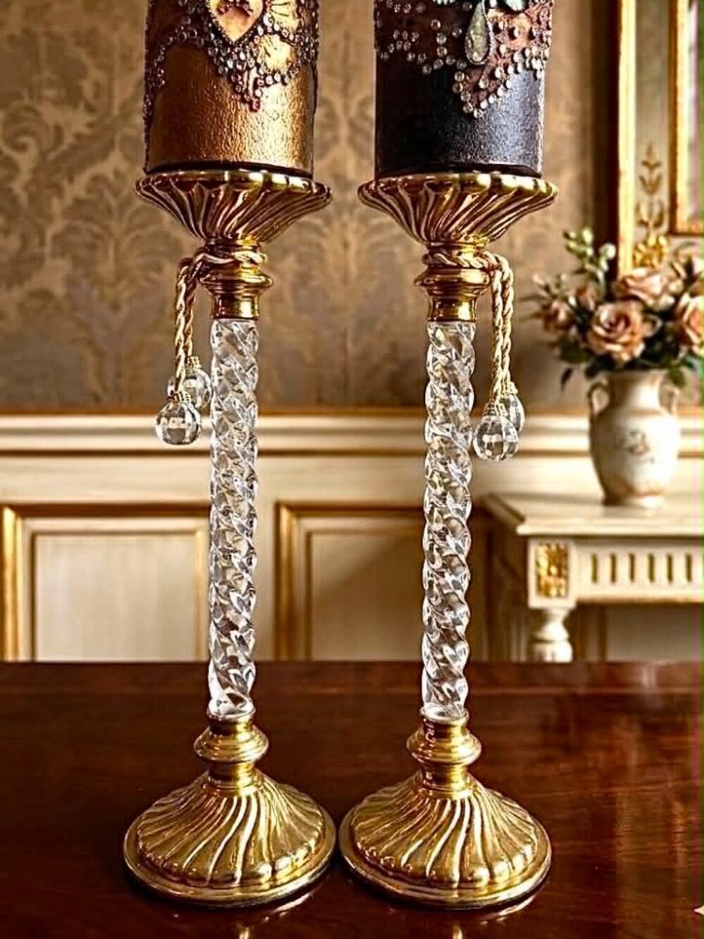 DECORATIVE CRAFTS Pair Handcrafted 16" Brass Candle Holders Taper or Pillar